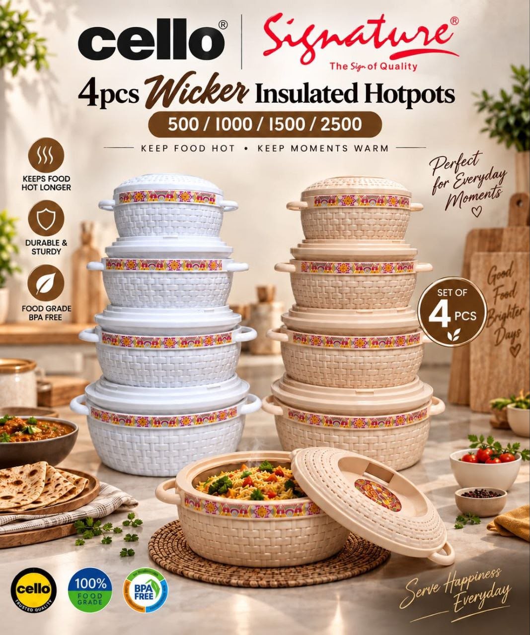 Cello Wicker 4pc Hot Pot 0.5/1/1.5/2.5
