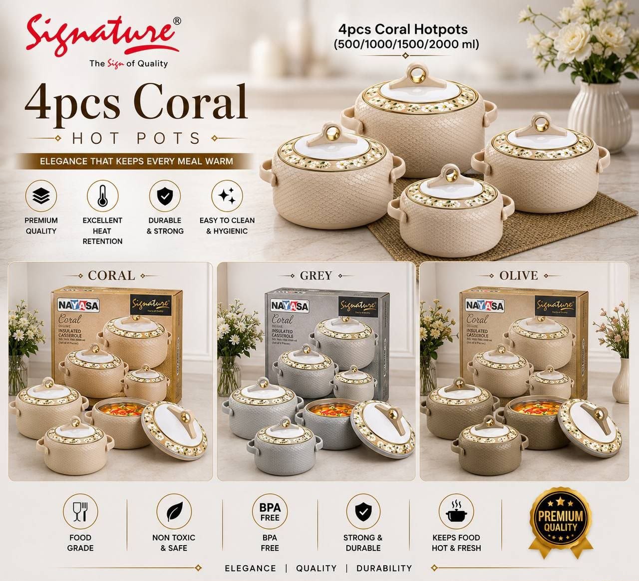 Signature Nayasa Coral 4pc Hot Pot 0.5/1/1.5/2
