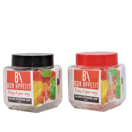 Bon Appétit Square Glass Jar - 0.5L with Red/Black Lid (HMBA100)