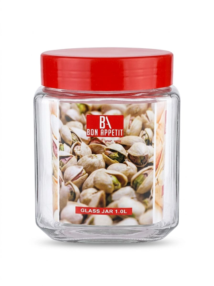 Bon Appétit Square Glass Jar - 1L with Red/Black Lid (HMBA101)