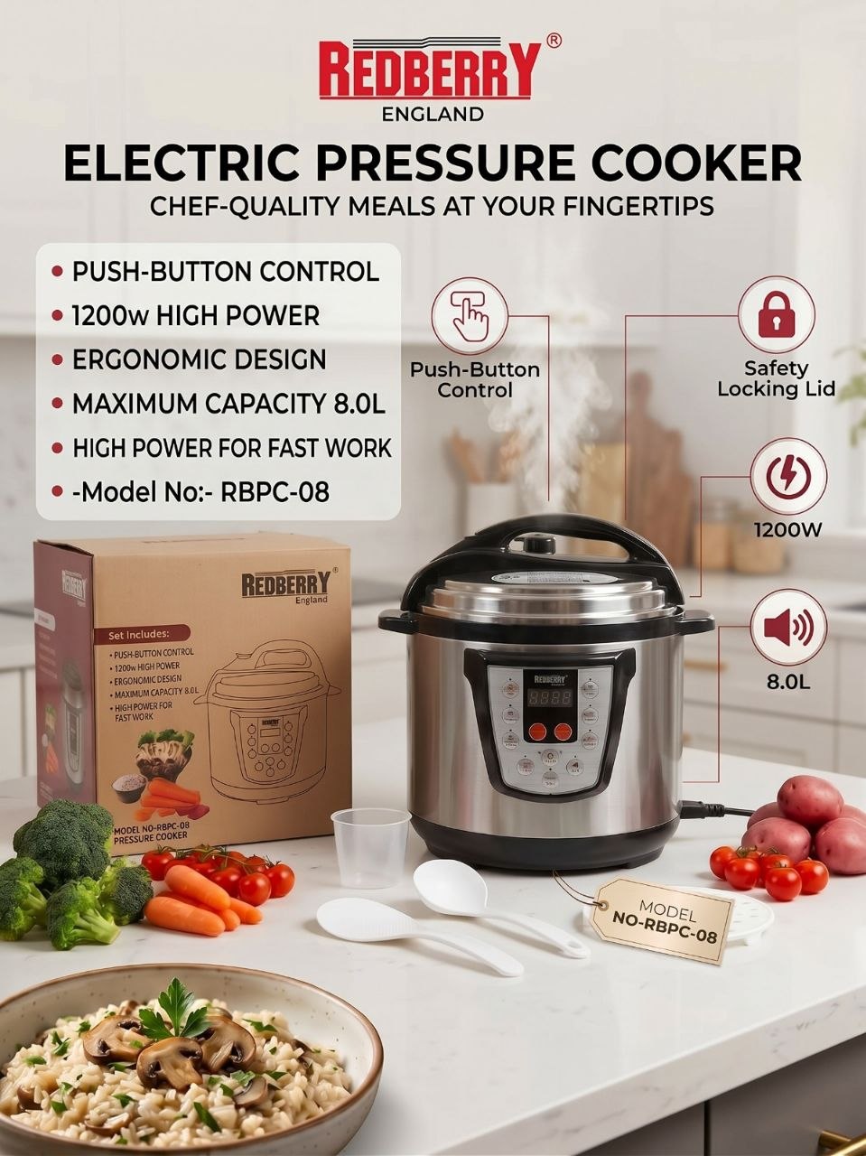 Redberry Elect Pressure Cooker 8lt Rbpc8 Rbepc8