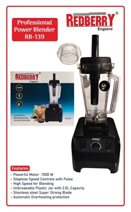 Redberry RB139 Commercial Blender - 1500W, 2L Unbreakable Jar