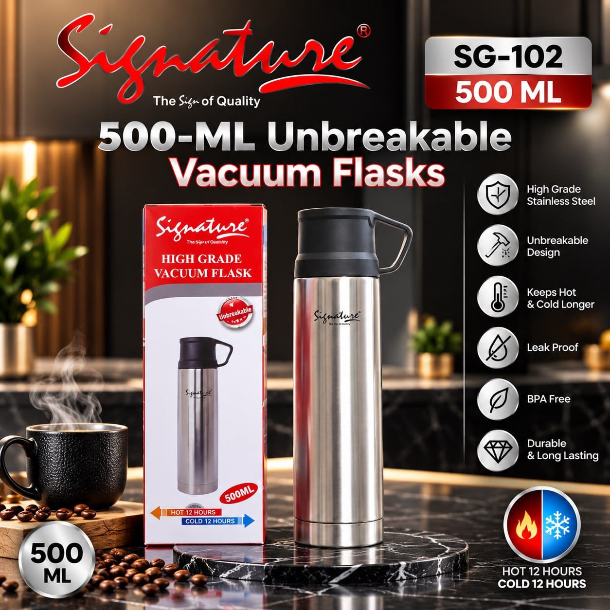 Sg102 Sig S/S Flask 500ml Silver Deco